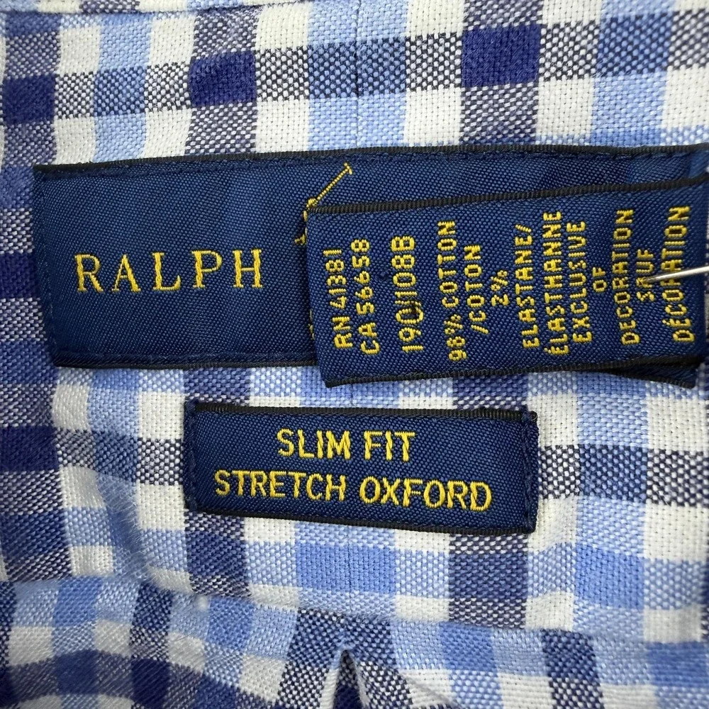 Ralph Lauren Shirt Mens 2XL Blue Check Slim Fit Stretch Oxford Button Down Pony